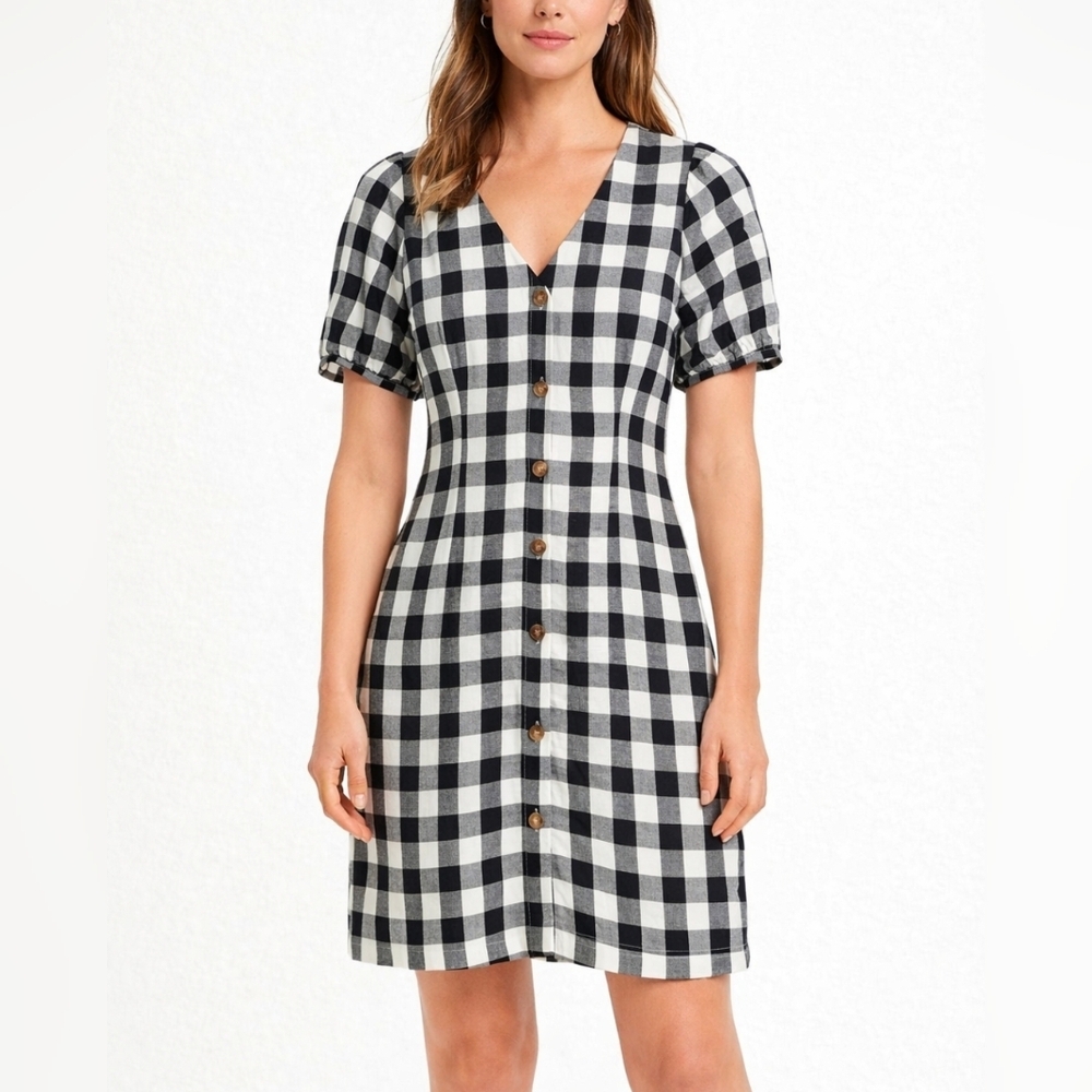 LOFT Black & White Gingham V-Neck Button Front Dress – Short Puff Sleeve